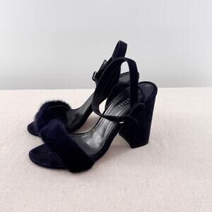 Barneys New York Suede Ankle Strap Block Heel Sandals with Mink Fur Blue EU 36.5